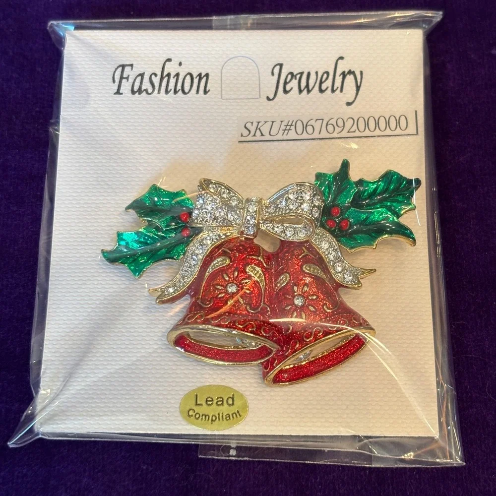 Fashion Jewelry Christmas Bells Bow Enamel Rhinestone Brooch Pin Red Green